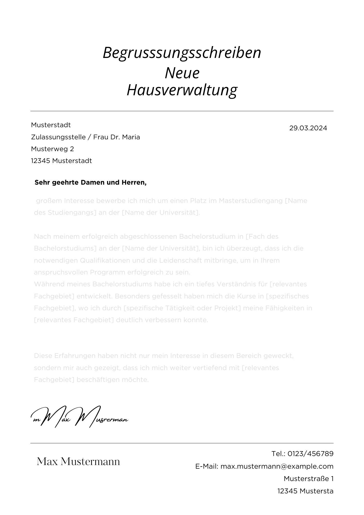 Begrüßungsschreiben Neue Hausverwaltung