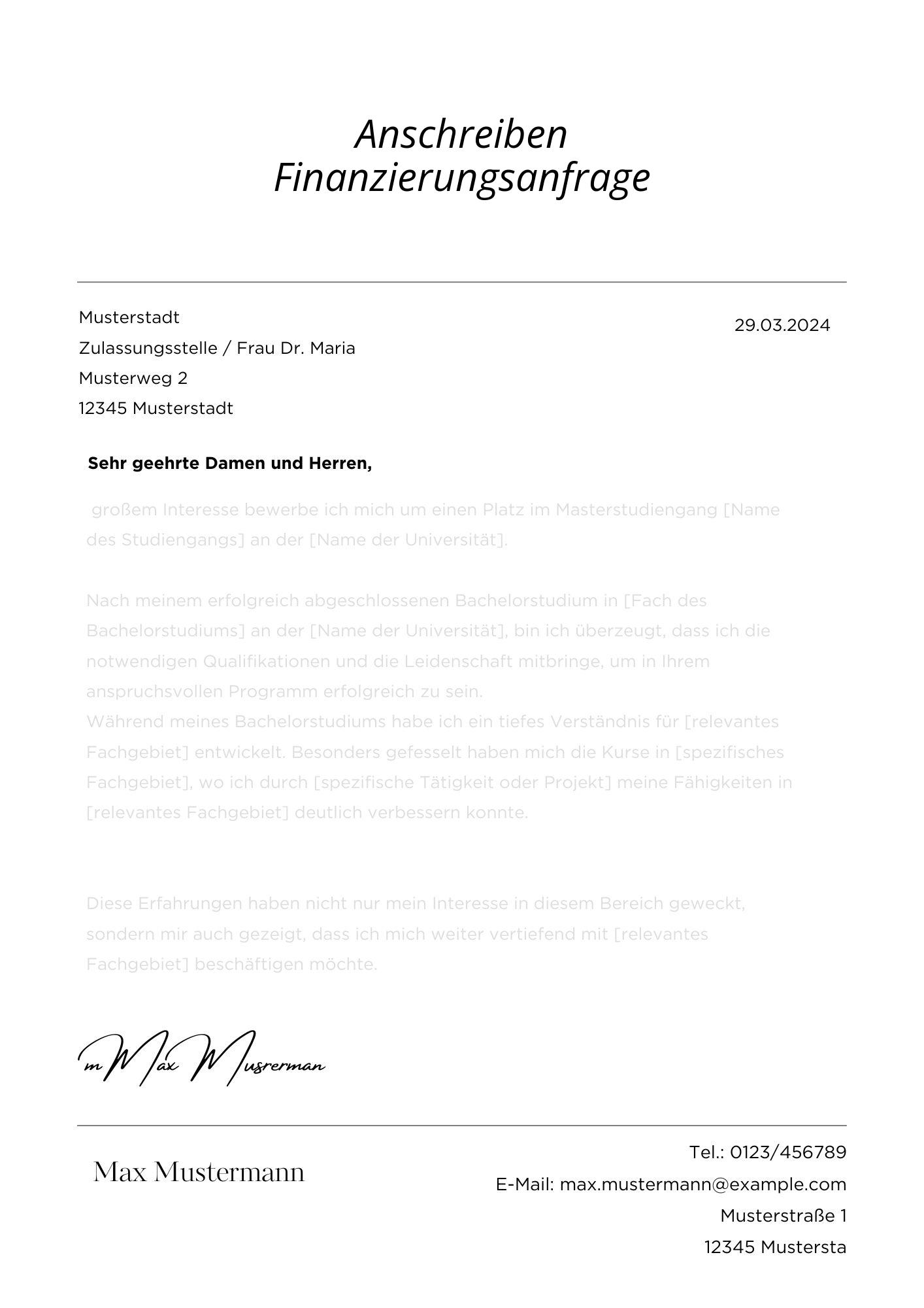 Anschreiben Finanzierungsanfrage