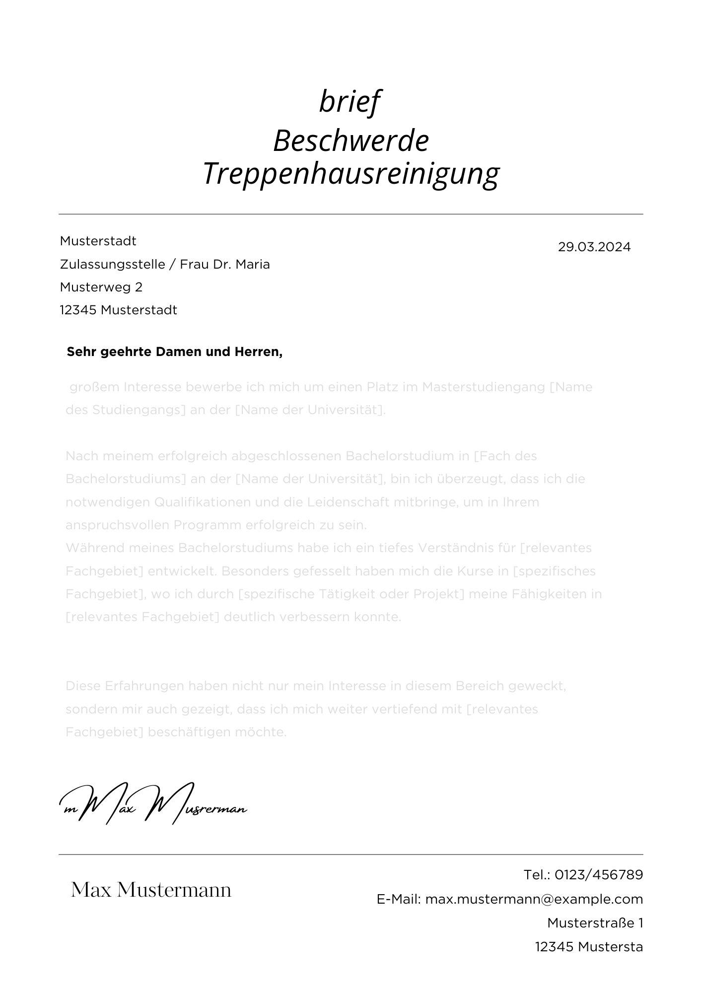 brief Beschwerde Treppenhausreinigung