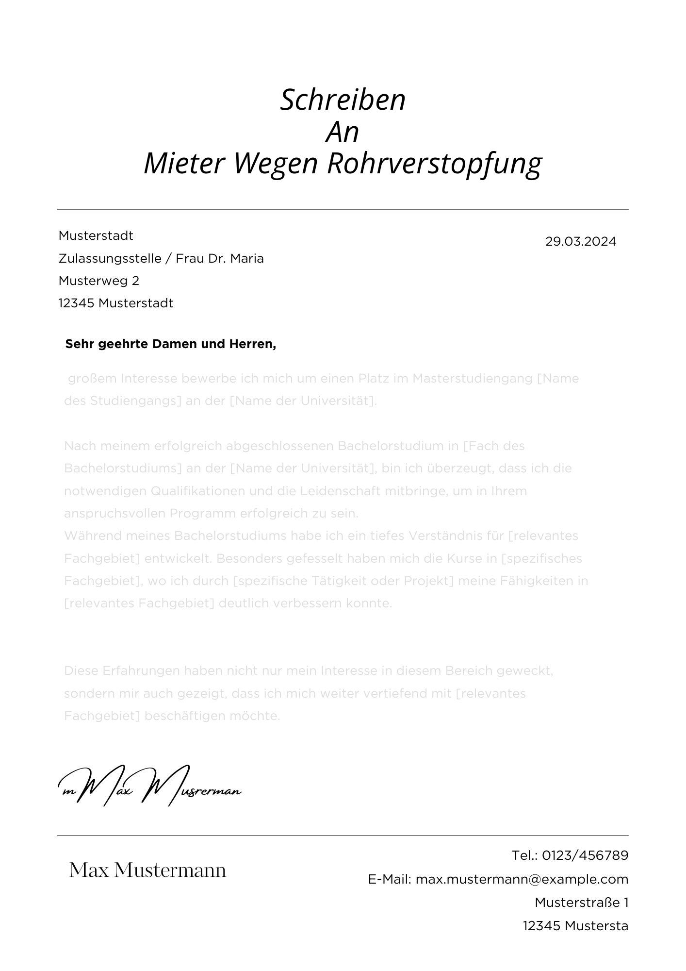 Schreiben An Mieter Wegen Rohrverstopfung